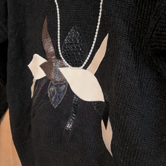 Vintage 80s Anytime Glitz Leather Floral Embellished Black Sweater Medium - Picture 3 of 5
